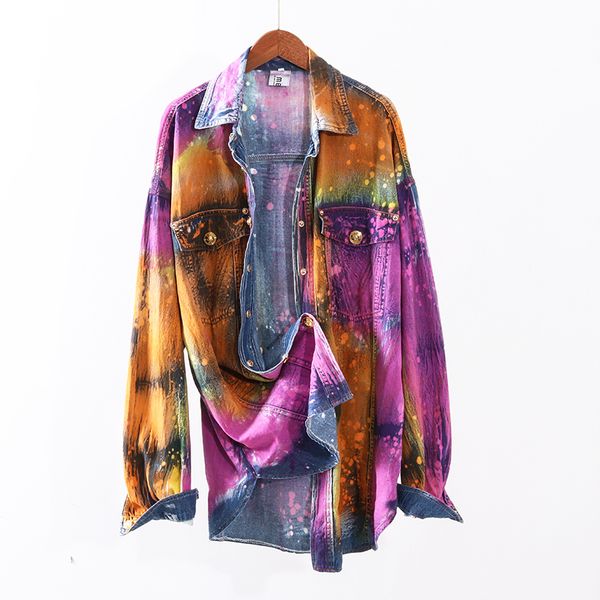 

women's jackets 2021 autumn women tie dye button graffiti decoration jeans jacket female vintage loose long denim coat casual streetwea, Black;brown