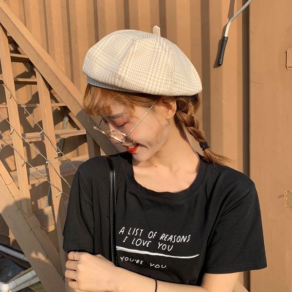 

female new-style thousand-bird plaid painter's beret beret all-match painter korean harajukustyle pumpkin hat summer hat fashion, Blue;gray