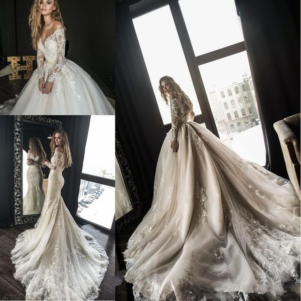 

2020 gorgeous mermaid wedding dresses with detachable train arabic dubai off shoulder long sleeves lace wedding bridal gowns, White