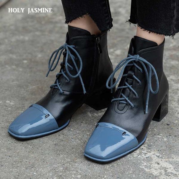 

ankle boots for women square toe fashion shoes 2020 autumn winter new short boots lace-up square heels comfortable lady shoes, Black