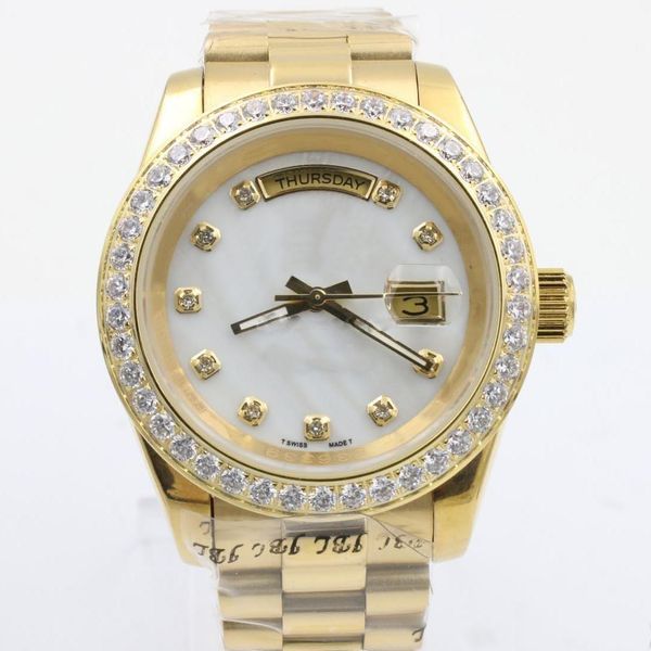 

mens watch day date diamond bezel shell dial automatic movement mechanical sapphire glass gold stainless steel men watches, Slivery;brown