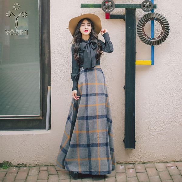 

yosimi 2020 autumn winter bow neck full sleeve blouse shirt and woolen plaid skirt two-piece outfits set suit women dresses, White