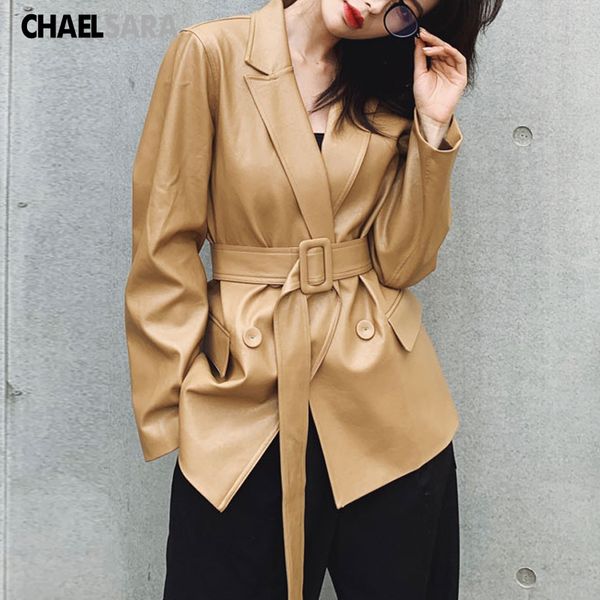 

women's leather & faux pu jacket women khaki black punk coat 2021 korean style with belt fashion ladies long jackets