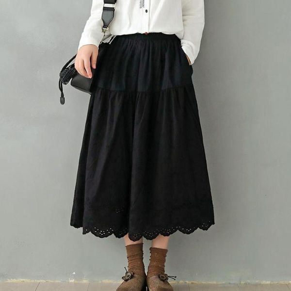 

skirts johnature 2021 women solid color pockets patchwork retro embroidered skirt spring loose comfortable all-match 4, Black