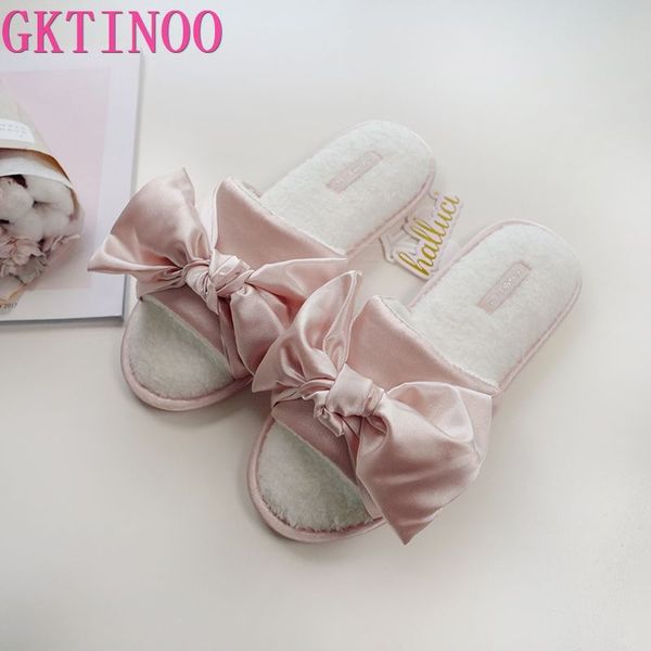 

gktinoo summer sweet ice satins silk slippers shoes for woman cute bow pink flip-flops bedroom non-slip women shoe slippers, Black