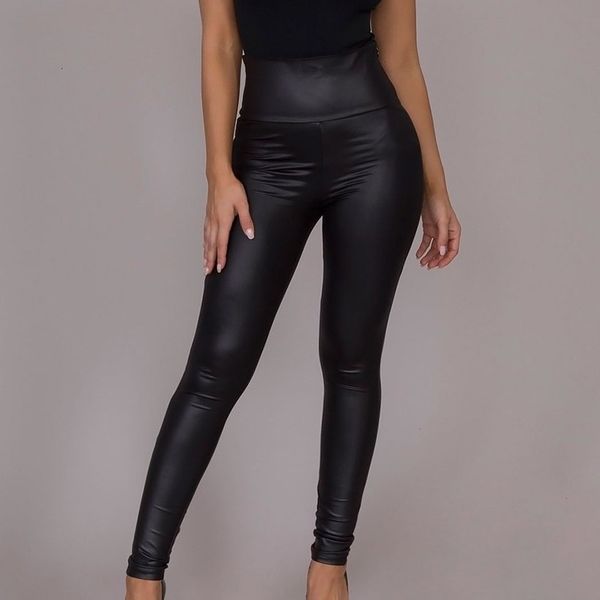 

womens high waist leggings skinny high elastic leather pants casual pants solid trousers workout leggings fitness clothing, Black