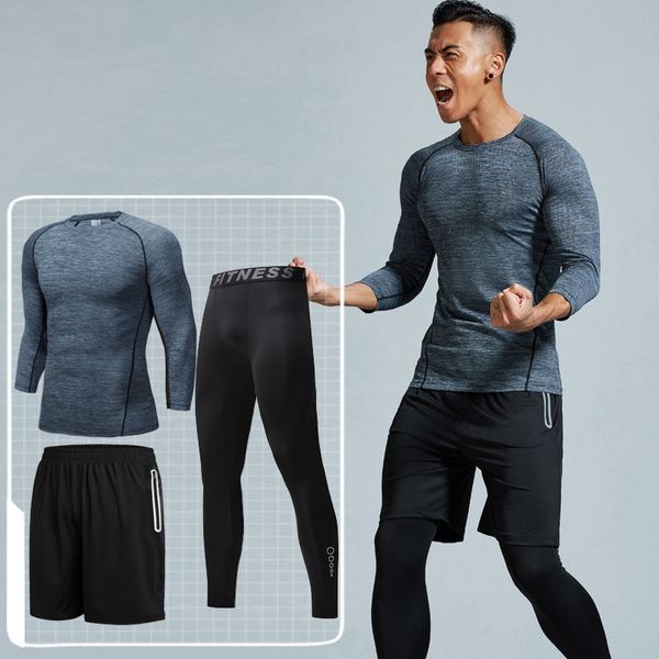 

riqcl three-piece running sports suit men's autumn and winter fitness high-elastic quick-drying basketball football tight pants tight p, Black