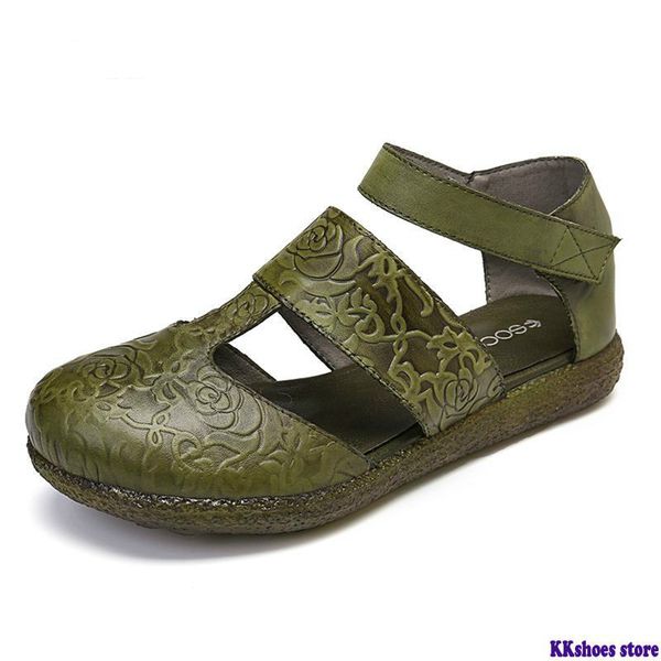 

embossed pattern genuine leather hollow adjustable hook loop sandals for women elegant shoes women summer 2020, Black