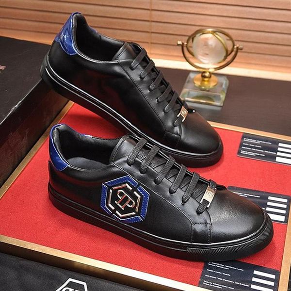 

new men sneakers shoes leather lace -up leather casual mens shoes with box fashion sneakers flats lo -sneakers hexagon men shoes luxury, Black