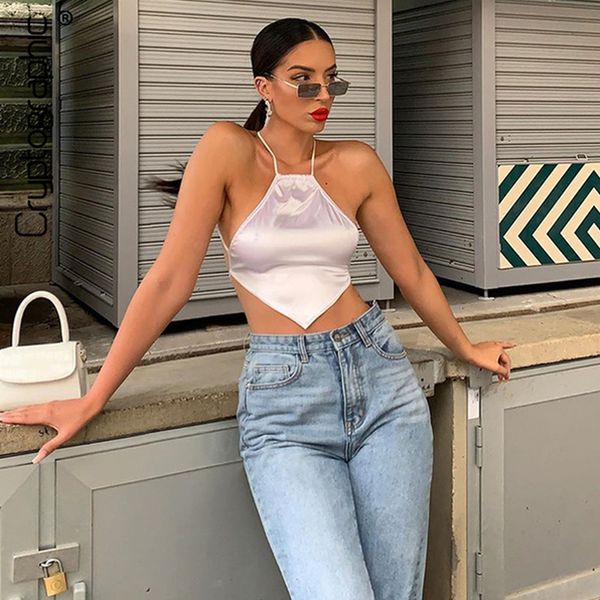 

sleeveless halter satin crop female underwear short hollow out backless bustier solid mini tanks, White