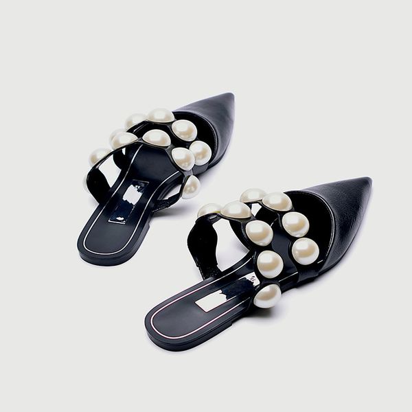 

monmoira pointed toe pearl women sandals summer women slippers slip on flat sandals sandalias mujer sandale femme cs03, Black