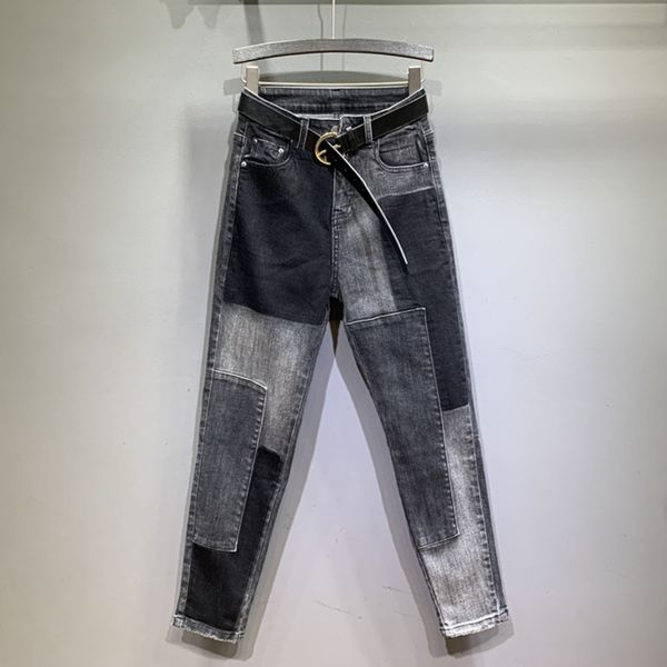 

ewq] 2020 autumn women new fashion stitching color full length jeans women loose cross-pants tide denim ladies trousers qb239, Blue