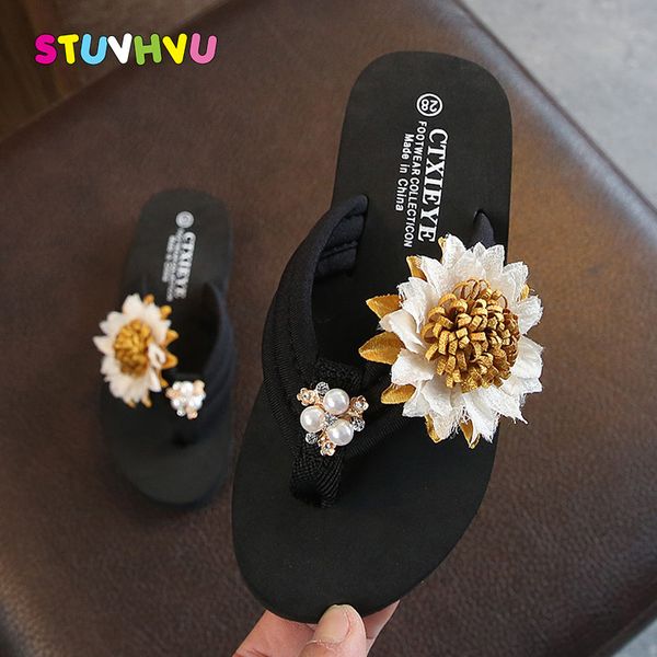 

summer girls slippers flowers princess shoes wear non-slip beach shoes children slippers flip flops soft kids flats, Black;grey