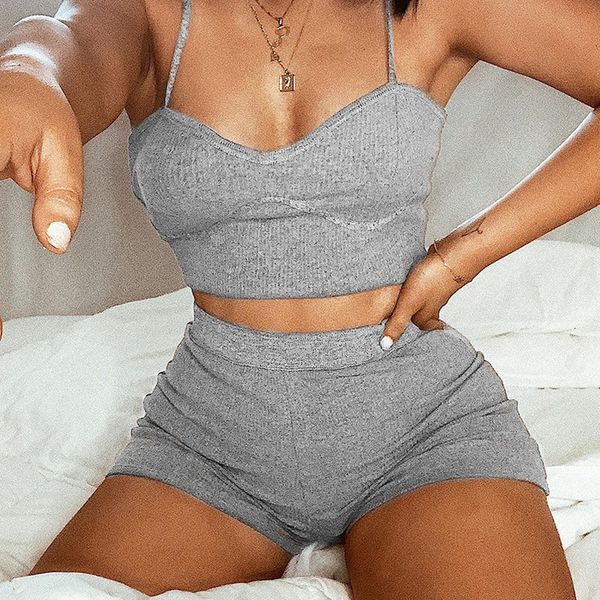 

2020 sports tracksuit knit 2pcs set solid color two pieces set sling sleeveless camis summer crop +high waist shorts set, Gray