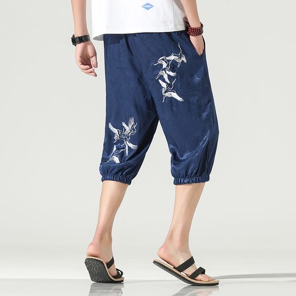

men's pants streetwear summer men sweatpants embroidery loose harem jogger casual fitness shorts plus size 5xl, Black
