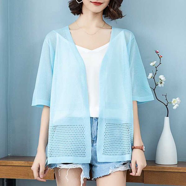 

women sun protection knit shirt summer female hollow out knit cardigan solid outwear half sleeve, White