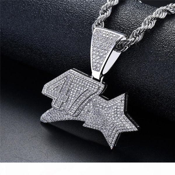 

number 47 star hip hop necklace for rappers new fashion pendant necklace bling cz stone gold plated hiphop jewelry men, Silver