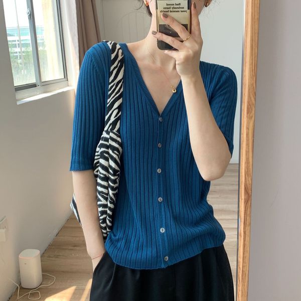 

summer gentle korean style chic short sleeve slimming v-neck vertical pit texture thin knit cardigan knitwear knitwear, White