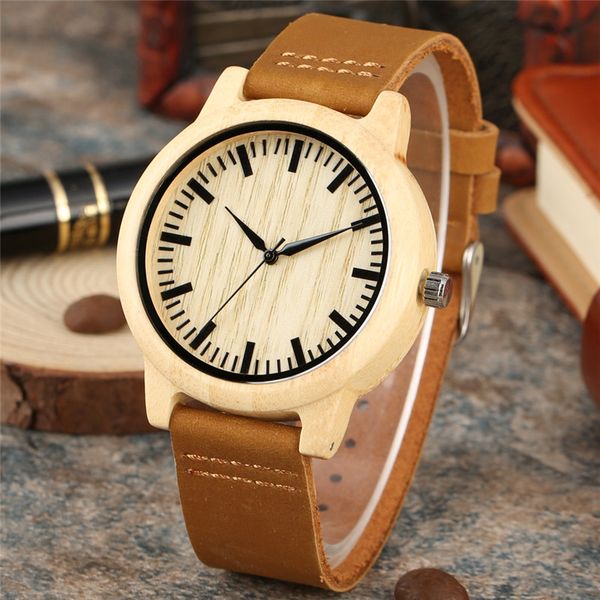 

fashion wooden watch ultra light beige bamboo case brown leather strap minimalist men quartz analog sport wood wristwatch reloj de madera, Slivery;brown