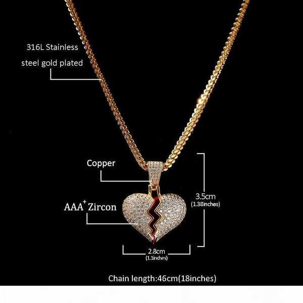 

e iced out small broken heart pendant necklace with tennis chain gold silver color cubic zircon hip hop jewelry