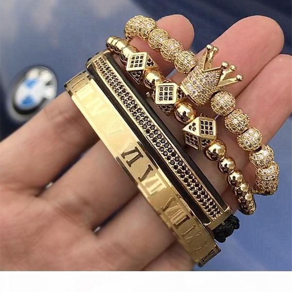 

l 4pcs set classical handmade braiding bracelet gold hip hop men pave cz zircon crown roman numeral bracelet luxury jewelry t190702, Golden;silver