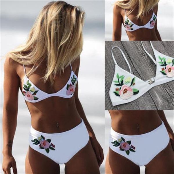 

2020 new rose embroidery bikini high waist women swimwear push up bikinis padded bra swimsuit bikini set women bathing suits, White;black