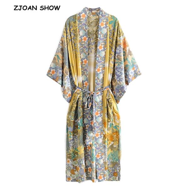 

2020 bohemian v neck tiger flower print long kimono shirt ethnic new women lacing up bow sashes long cardigan loose blouse, White