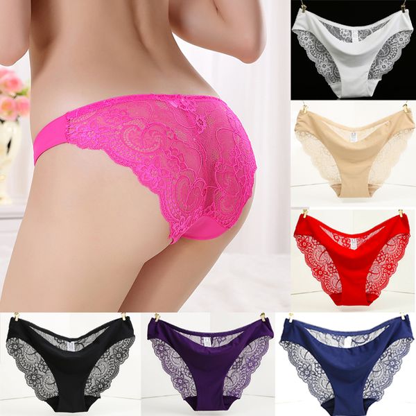 

lace + ice silk hollow out floral g-string briefs panties female lingerie underwear knickers, Black;pink