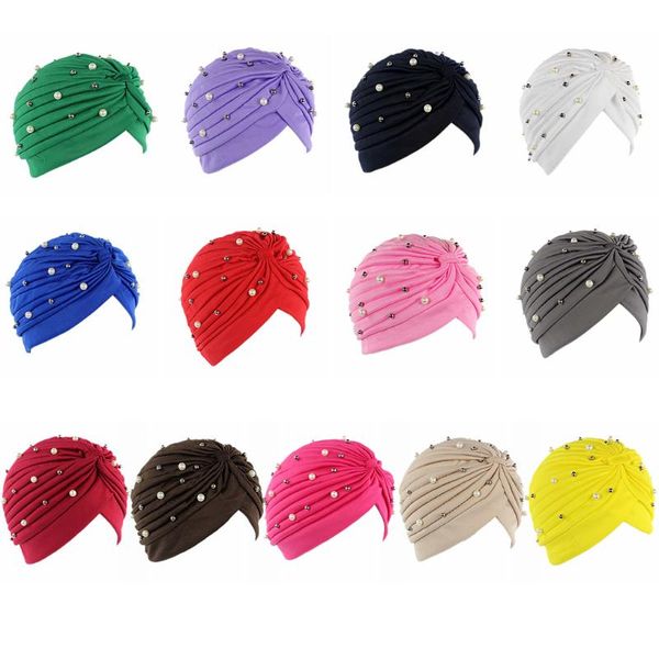 

женщины упругого тюрбан hat мусульманской pearl beads cap глава wrap крышка шарф stretch beanie bonnet, Blue;gray