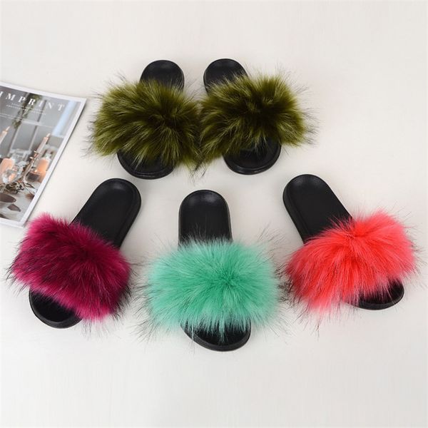 

ins women slipper summer comfort slippers fur fox hair slides flat plush shoes home outdoors flip flops ladies beach sandal quality, Black;grey