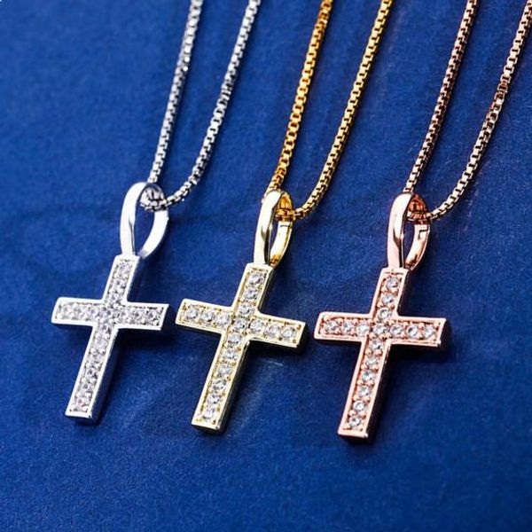

fine quality 925 sterling silver gold plated iced cubic zirconia womens cross pendant necklace bling diamond hip hop jewelry gift for ladies