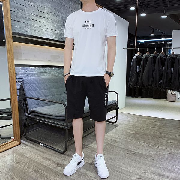 

summer new korean t-shirt short sleeve men's two-piece suit men's sportswear casual sports suit tide, Gray