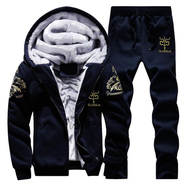 

sporting clothing pant suit men warm fur inside winter sweatshirt tracksuit men fleece thick hooded casual outerwear jacket pant, Blue;black