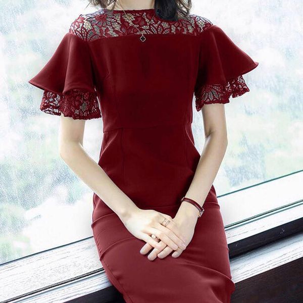 

elegant slim new women's fashion mid-length vacation online red style a- line lace stitching lace dress dress, Black;gray