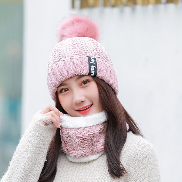 

knit beanie hat pompom winter ветрозащитный теплый лыж велоспорт caps шарф set открытый, Black