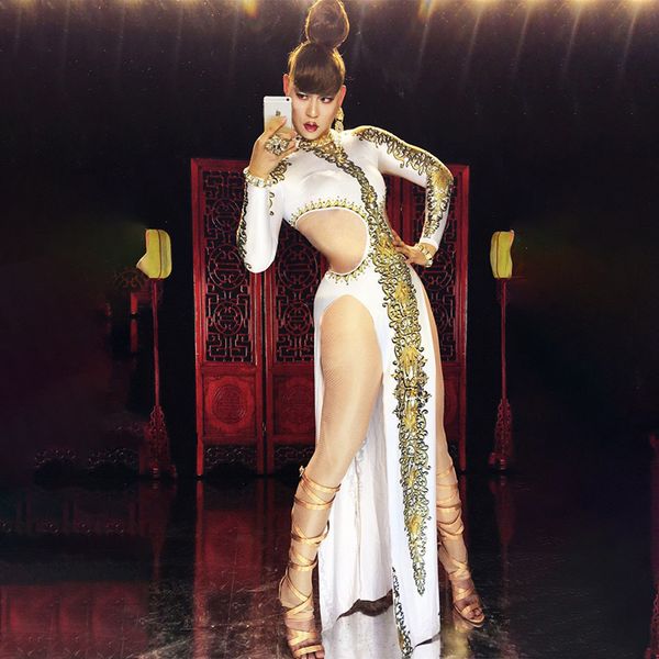 

white chinese cheongsam dress women singer costume one-piece nightclub oufit party dresses, Black;red