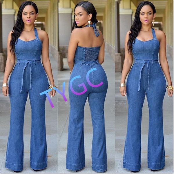 

jean jumpsuits siamese trousers bodysuit pants 90% polyester slim-looking fashion trousers women's halter jumpsuits s-xl size, Blue