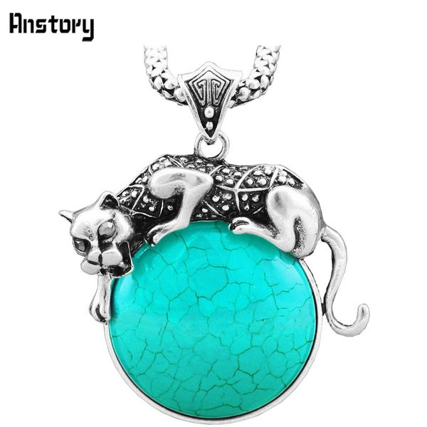 

classic leopard blue red synthetic turquoises necklace vintage look antique silver plated fashion jewelry tn198