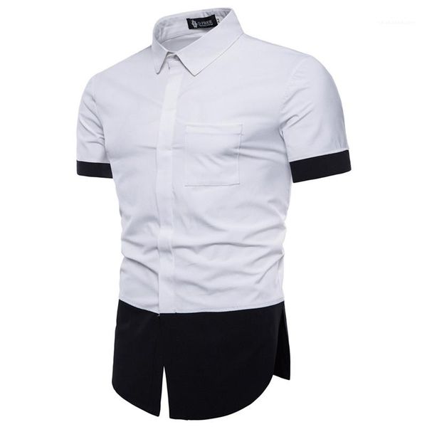 

shirts fashion asymmetrical hem patchwork color shirts casual short sleeve turn-down collar shirts mens clothes mens, White;black
