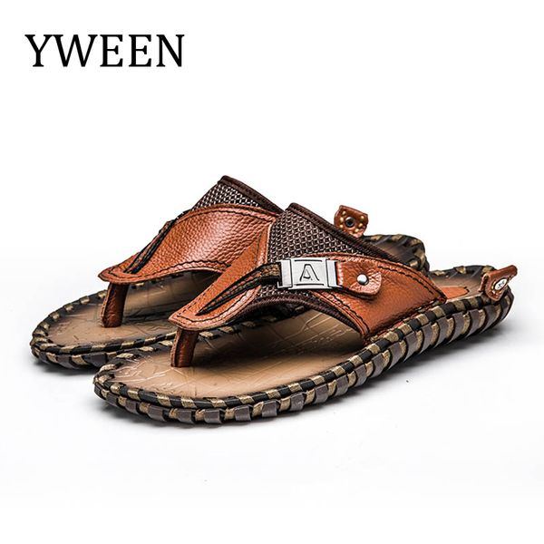 

yween men's genuine leather slippers men handmade flip flops big size 38-48, Black