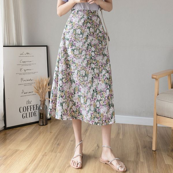 

capucines 2020 fashion floral print skirts womens summer elastic waist casual beach skirts elegant midi women skirt plus size, Black