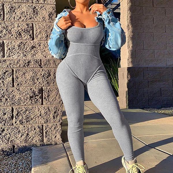 

комбинезон лето 2020 knit ребро bodycon женщины o шеи рукавов lounge одежда backless карандаш штаны фитнес комбинезон комбинезон, Black;blue