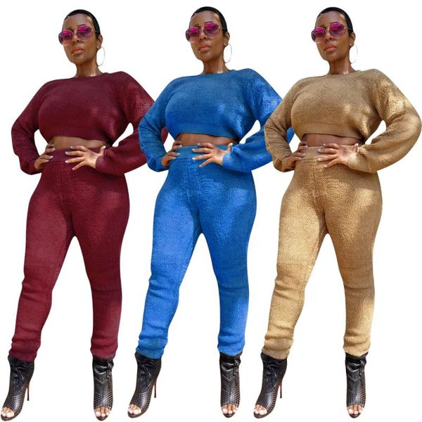 

winter 2 piece sets women solid black gray burgundy knitted sweatshirt elastic waist warm pullovers tracksuit outfits s122, White