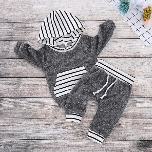 

patpat autumn and winter new newborn cotton casual stripe design long-sleeved hoodie and pants suit baby boy crawling suit, White