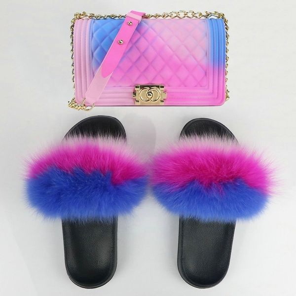 

jellyooy beachkins pvc matte jelly bag with fox fur slippers purse bags match fur slides sandals sets, Black