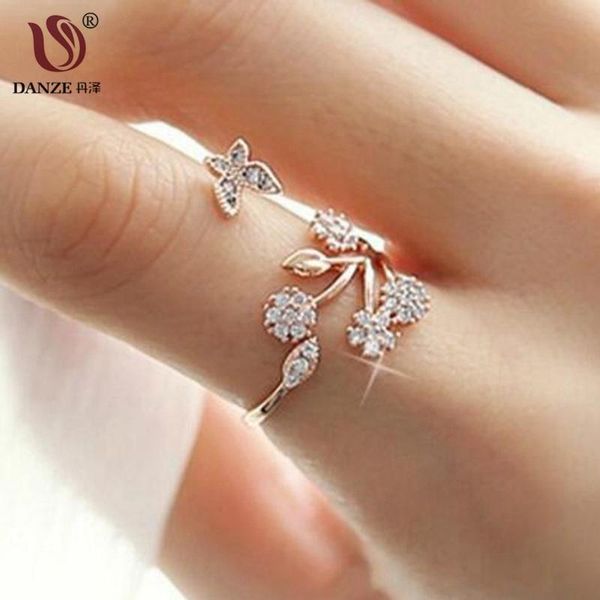 

DANZE Fashion Butterfly Female Ring Inlaid Rhinestone Leaves Size Adjustable Ring For Women Girl Party Prom Gift