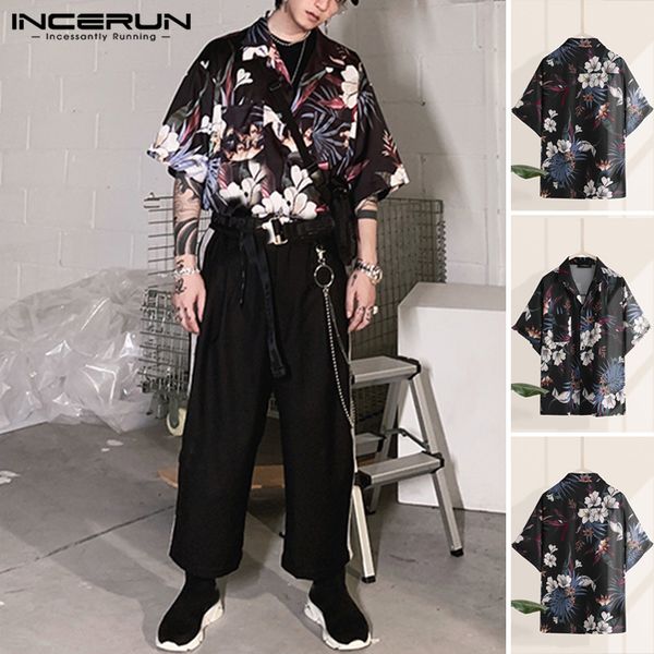 

incerun 2020 summer men short sleeve flower printed shirts vacation loose lapel blouse breathable hawaiian beach camisa s-5xl, White;black