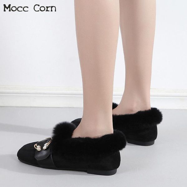 

women crystal fur snow ankle boots genuine leather plush flats warm shoes winter plus fur moccasins woman slip on suede boots, Black