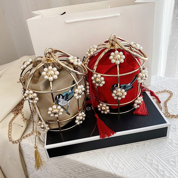 

women's bag luxury pearl sunflower hollow basket bag rhinestone handmade basket portable birdcage dinner