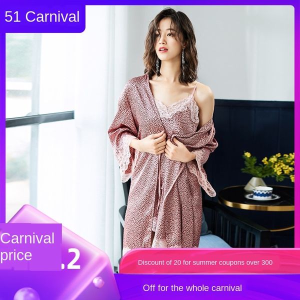 

women's autumn ice silk pink leopard print net red long sleeve pajamas pajamas outside two-piece home clothes set, Blue;red